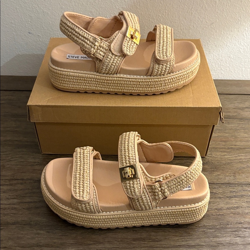 NIB [Steve Madden] Bigmona Natural Raffia Textured Platform Sandal Women’s 7 - Picture 4 of 13